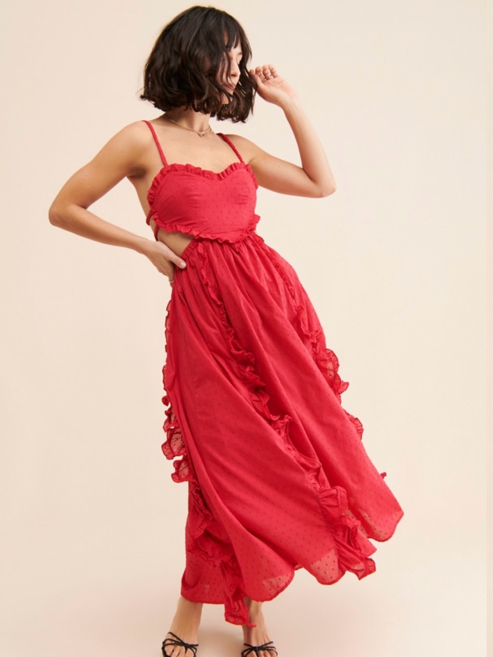 FARM Rio Red Ruffled Maxi Dress with Braided Straps
